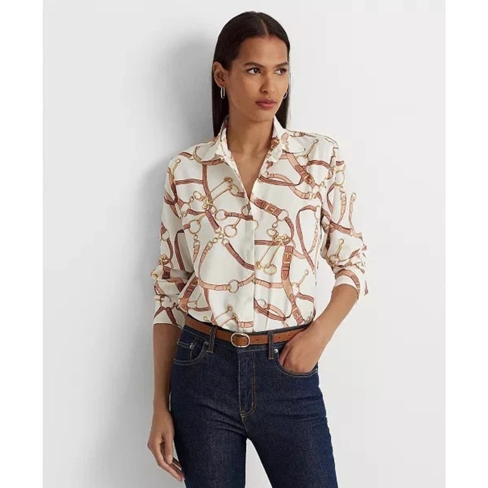 Lauren Ralph Lauren Womens XL Equestrian Belt Print‎ Button Down Shirt